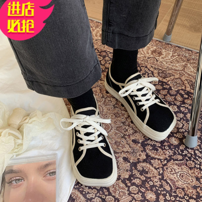 金三志丑萌方头帆布鞋女2021新款春季大头娃娃憨憨厚底乐福单鞋休闲板鞋帆布鞋