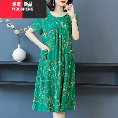YIBUSHENG新款高端季好棉绸连衣裙加肥加大码女装适合胖人裙子腰粗遮肚子