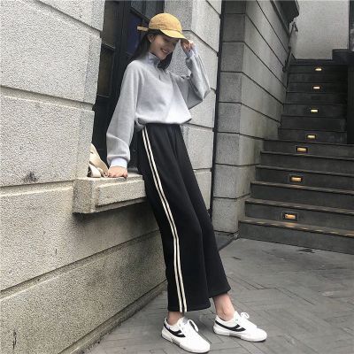 韩版裤子长裤宽松学院风休闲裤两杆阔腿裤女高腰运动直筒裤九分裤诺合