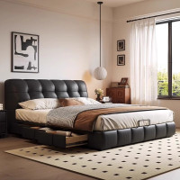 意式真皮床轻奢现代简约双人床主卧室黑色储物床家用软包实木婚床