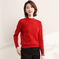 恒源祥2024秋冬半高领羊毛衫上衣女气质小钻毛针织衫外穿绣花毛衣