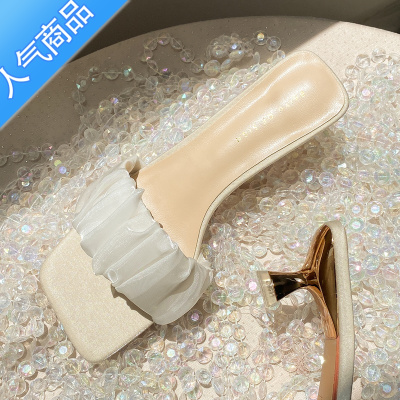 SUNTEK绸缎细跟凉拖鞋女夏外穿时尚外出高跟中跟鞋拖一字拖2023新款夏季