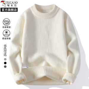 啄木鸟2025秋冬季新款圆领加厚保暖针织毛衣男士打底衫上衣服线衣