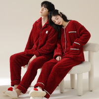 情侣睡衣秋冬季珊瑚绒本命年喜庆结婚大红色一男士一女家居服套装