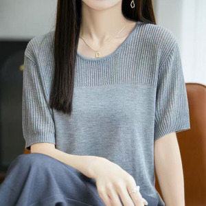 夏季女装新款曲珠冰麻丝短袖女针织衫镂空T恤女圆领背心