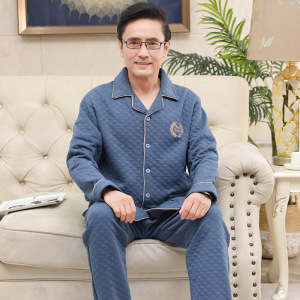 秋冬男长袖加厚棉质开衫夹层空气棉中老年爸爸睡衣家居服套装大码