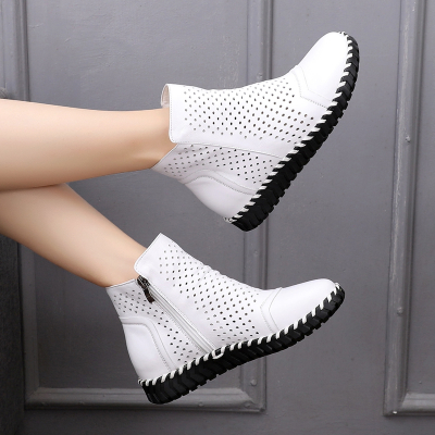 Ideamini皮镂空短靴女平底2021新款夏季透气洞洞马丁靴休闲女鞋春秋单靴