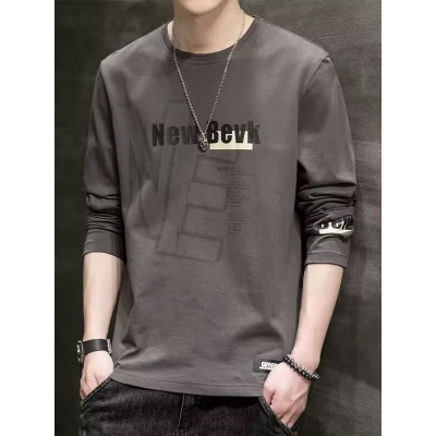 长袖T恤衫男士秋季新款薄款韩版修身圆领字母时尚潮上衣