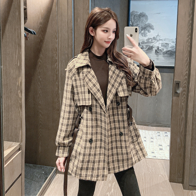FISHBASKET时尚洋气炸街格子风衣女中长款外套2020新款宽松英伦风大衣女风衣女