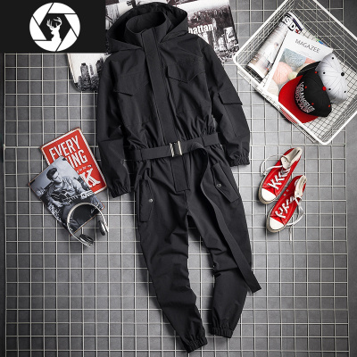 HongZun秋冬嘻哈连帽套装连体衣日系复古潮流背带裤HIPHOP男式工装连体裤工装制服
