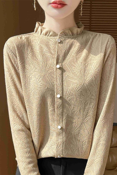 外套2025春夏新女短款木耳边半高领提花衬衣针织打底衫上衣