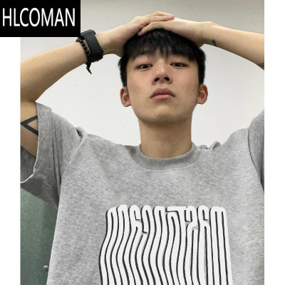 HLCOMAN美式复古创意字母短袖T恤男夏季百搭正肩潮牌宽松小领口上衣
