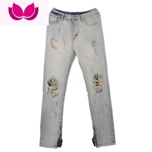 七斓美式街头水洗膝盖破洞牛仔裤男女潮牌ins修身小脚拉链直筒长裤子