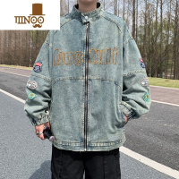 YANXU美式复古机车风牛仔外套男潮牌重工刺绣开衫拉链立领夹克情侣上衣