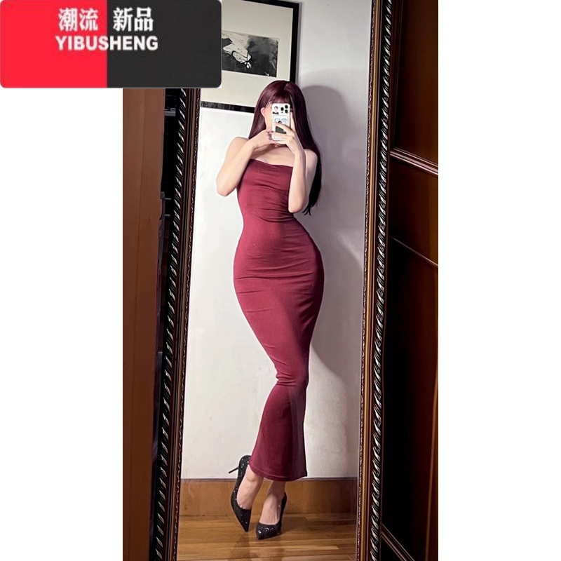YIBUSHENGgusty新品法式时尚纯色修身吊带中长裙 港味复古露背显瘦连衣裙女