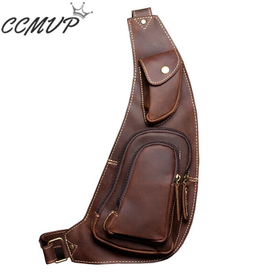 CCMVP品牌自营质量保证-CCMVP原创-头层牛皮潮流胸包男真皮个性复古疯马皮斜挎包情侣款腰包深棕色默认颜色