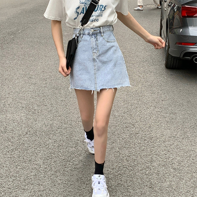 YIBUSHENG夏季2021新款高腰毛边牛仔半身裙女ins潮百搭显瘦洋气包臀a字短裙