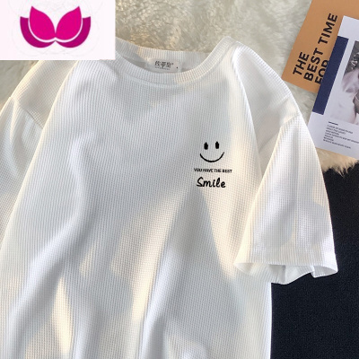 七斓华夫格短袖t恤男ins港风夏季五分袖上衣服男宽松原宿bf学生半袖潮