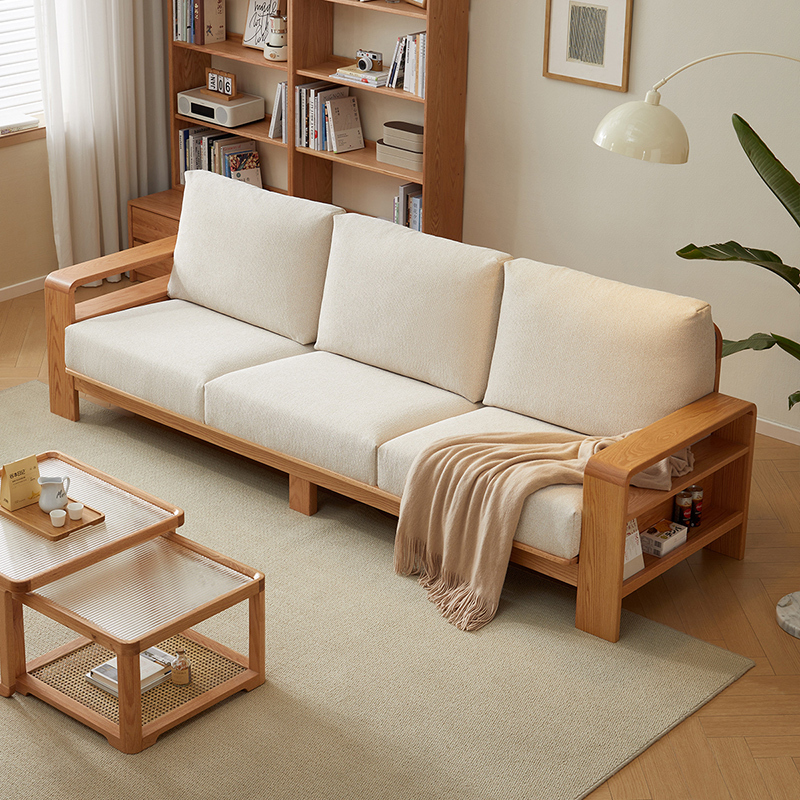 全友家居北欧原木风沙发客厅家具直排红橡木实木布艺沙发