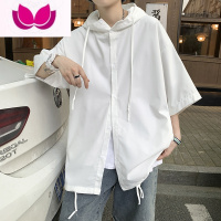 七斓连帽开衫半袖衬衫男女百搭宽松bf五分袖衬衣夏季薄款冰丝风衣