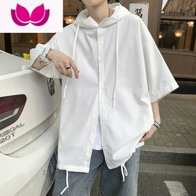 七斓连帽开衫半袖衬衫男女百搭宽松bf五分袖衬衣夏季薄款冰丝风衣