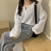 秋季新款宽松韩版长袖T恤女港味百搭原宿风华夫格打底衫上衣