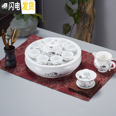 三维工匠潮汕带茶盘功夫茶具套装家用圆形陶瓷白瓷茶壶茶杯现代简约小套 10寸竹影豪华套装