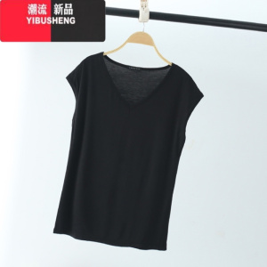 YIBUSHENG季薄款莫代尔无袖t恤女V领短袖上衣宽松大码背心休闲纯色打底衫