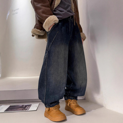 男童冬装加绒裤子新款初中生加厚牛仔裤男孩冬季一体绒秋冬款