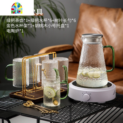 北欧轻奢水杯套装杯具家用喝水玻璃杯子客厅茶具茶杯冷水壶带托盘 FENGHOU 祖母绿水具-水杯勺x6凉水壶
