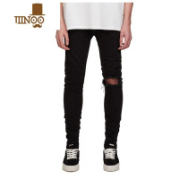 YANXU高街潮牌水洗黑色膝盖刀割破洞弹力牛仔裤男韩版百搭修身小脚裤子