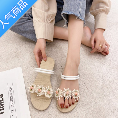 SUNTEK网红两穿凉拖鞋女ins潮2023新款仙女风花朵一字带平底沙滩凉鞋女