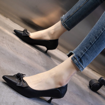 SUNTEK晚晚风温柔鞋中跟单鞋女3cm百搭软皮不磨脚尖头高跟鞋矮跟细跟休闲鞋