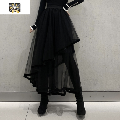 暖青汇YS大石网纱裙高腰显瘦黑色半身裙丝绒重工设计感不规则纱裙女秋冬半身裙黑色均码