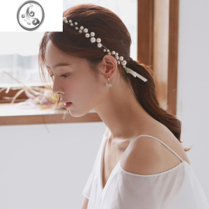 JiMi珍珠发带2021新款日韩简约复古ins甜美头饰新娘头纱发箍森系发饰 浅金色