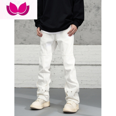 七斓美式高街排扣白色牛仔裤ins潮流新款微喇叭休闲小众嘻哈裤子男女