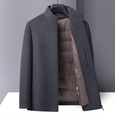 中年双面呢羊毛茄克中年男秋冬商务立领白鸭绒内胆羊毛双面呢夹克