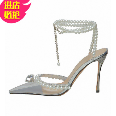 金三志2021夏季一字带水钻尖头单鞋透明包头蝴蝶结珍珠凉鞋高跟鞋女细跟凉鞋