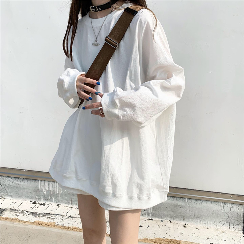 混纺棉 2020秋季韩版新款宽松纯色长袖卫衣女衣服上衣女装