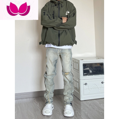 七斓美式高街侧边拉链黄泥弹力牛仔裤男复古设计感破洞做旧直筒长裤潮