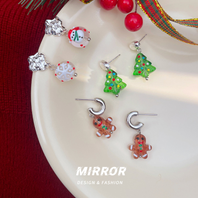 925纯银圣诞树雪人雪花姜饼人耳钉银针女耳环耳饰个性潮送女朋友老婆情人节七夕生日礼物