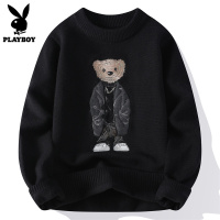 花花公子毛衣男款冬季潮流小熊刺绣上衣服圆领加厚打底针织衫男士