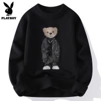 花花公子毛衣男款冬季潮流小熊刺绣上衣服圆领加厚打底针织衫男士