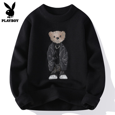 花花公子毛衣男款冬季潮流小熊刺绣上衣服圆领加厚打底针织衫男士