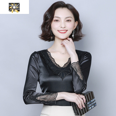 暖青汇打底衫女长袖春秋装雪纺上衣修身百搭遮肚子T恤性感内搭蕾丝小衫蕾丝衫