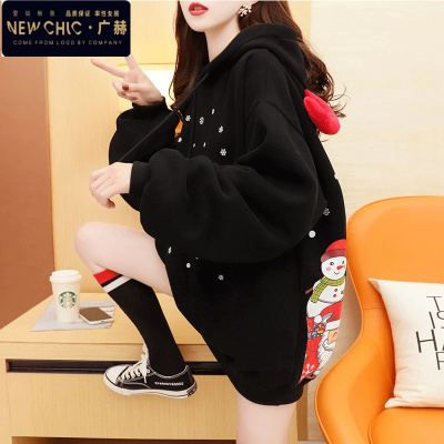 广赫大码胖mm加绒加厚红色圣诞卫衣女冬新款韩版宽松中长款外套200斤卫衣