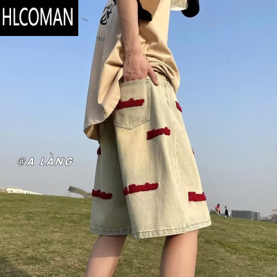 HLCOMAN美式水洗黄泥牛仔短裤男夏季vibe设计感红色刺绣直筒宽松五分裤子
