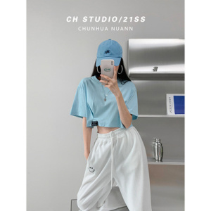 打底衫女夏季新款短袖T恤女装宽松显瘦露脐上衣服女 韩国女装