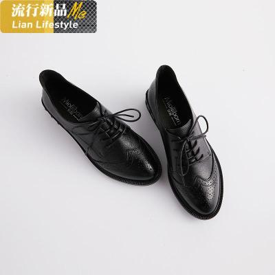 布洛克英伦风黑色小皮鞋女系带真皮复古休闲平底粗跟女鞋牛津鞋女知义(ZHIYI)休闲鞋
