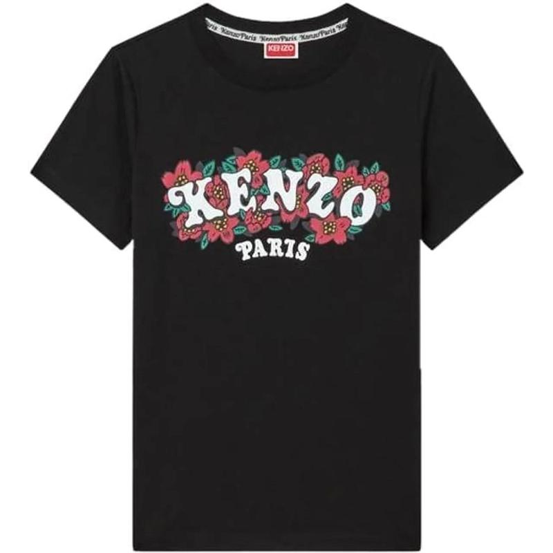 KENZO女款短袖T恤黑底花卉logo时尚潮流百搭配色春夏季休闲上衣